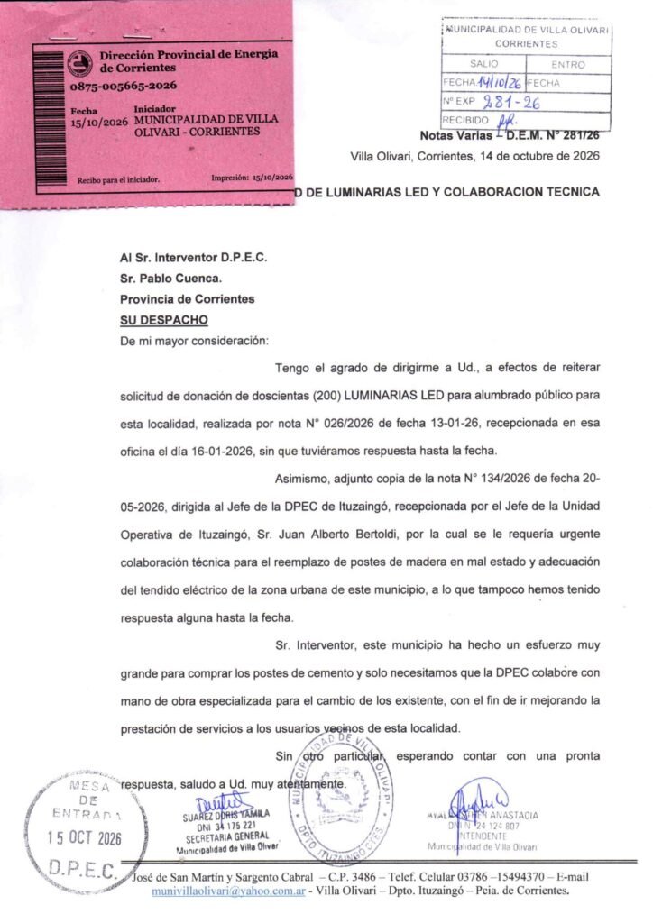 Villa Olivari continúa las gestiones ante la DPEC por luminarias y mejoras en la red eléctrica